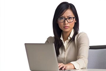 Aufkleber - A woman sits at a desk with a laptop, focused on her work
