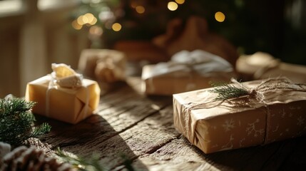 Aufkleber - A row of presents wrapped in brown paper sits on a wooden table, ready to be given or received