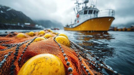 Poster - A boat floats in calm water surrounded by a collection of colorful buoys