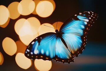 Wall Mural - A blue butterfly sits on the edge of a table, its delicate wings spread wide