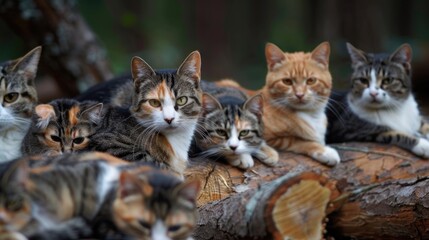 Poster - Group of domestic cats sitting on top of a wooden log, possibly in a garden or forest setting