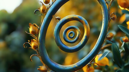 Poster - A close-up of a metal spiral with bright yellow flowers blooming around it