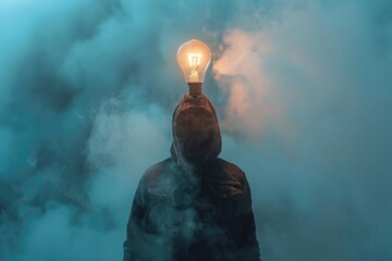 Poster - A person holds a lit light bulb on their head, representing creativity and innovation