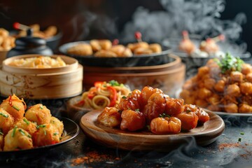 Poster - A table set with plates of food and various sauces, ideal for use as background or illustration