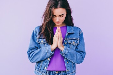Poster - A woman dressed in casual attire with a purple shirt and denim jacket