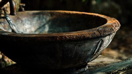 Poster - A stone sink sits atop a wooden table, suitable for rustic or vintage-themed settings