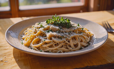 Poster - A plate of pasta with cheese and parsley on top. The pasta is white and the cheese is white