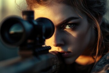 Poster - A woman holding a rifle and making eye contact with the camera, possibly in a hunting or military setting