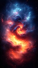 Poster - Vibrant cosmic swirl of colors in deep space showcasing a nebula with fiery orange and cool blue hues