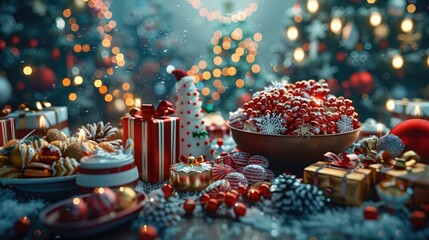 Poster - A festive holiday scene featuring a table decorated with various Christmas items