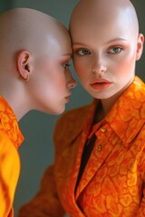 Poster - A portrait of two women, one with a bald head, embracing and showing affection