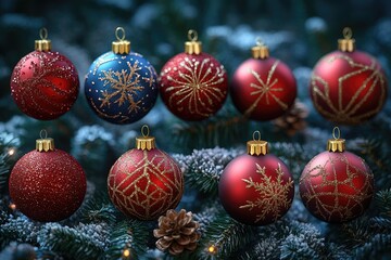 Poster - Close-up of colorful ornaments on a Christmas tree branch