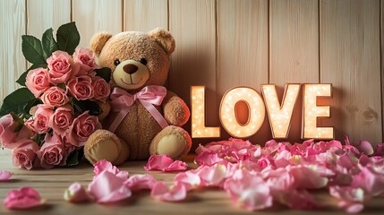soft teddy bear with pink roses, illuminated love letters, and scattered petals on wooden background