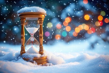 Poster - An hourglass sits in a snowy landscape with warm lights in the background