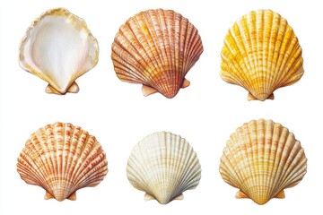 Poster - Six different types of seashells arranged on a white background