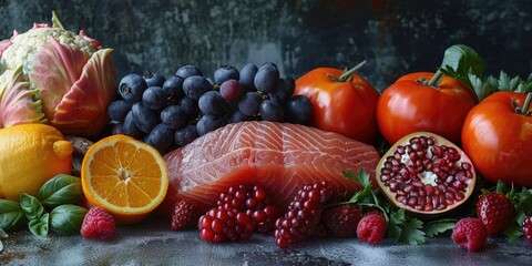 Poster - A variety of fresh fruits and vegetables arranged on a table, ideal for use in food-related photography or illustration