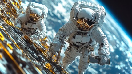 Poster - Astronauts conduct operation to unload scientific equipment in low Earth orbit