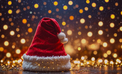 Poster - A red hat with a white pom pom sits on a table. The hat is a Santa hat, and the table is decorated with lights. The scene has a festive and joyful mood