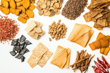 Poster - Assorted foods on a clean white background, ideal for lifestyle and still life photography