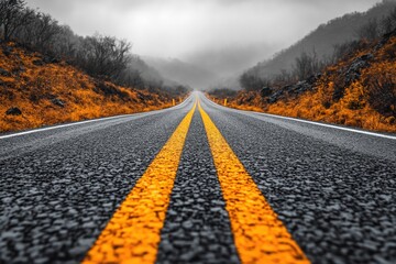 Aufkleber - A straight road with a bright yellow centerline, suitable for use in travel or transportation themes