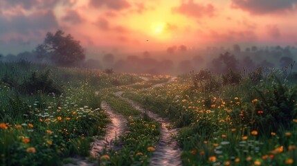 Aufkleber - A picturesque dirt road winding through a vibrant field of colorful flowers