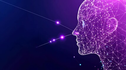 Poster - Abstract representation of a human head silhouette with glowing digital connections and particles