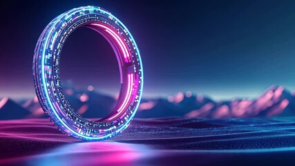 Poster - Futuristic glowing rings with neon lights over abstract digital landscape at night