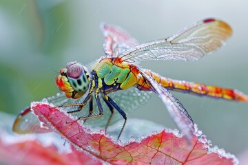Poster - A close-up image of a dragonfly perched on a leaf, showcasing its intricate details