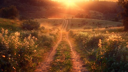 Poster - Wildflowers and sunset landscape, suitable for nature, travel or background use