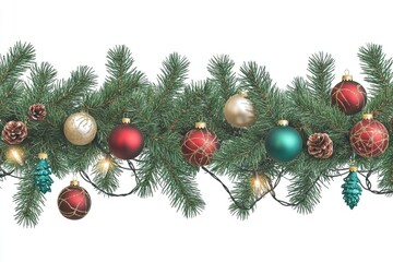Poster - Colorful Christmas ornaments hang from a festive tree, perfect for holiday decoration or advertising
