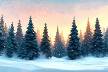 Poster - A serene winter landscape featuring pine trees in the foreground