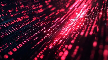 Poster - Glowing Abstract Digital River of Binary Sequences in Red and Black Colors
