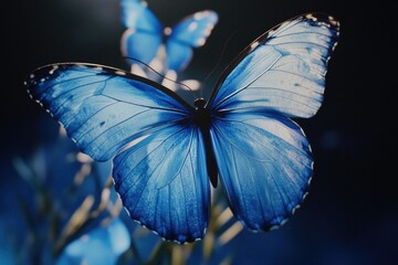 Poster - A close-up shot of a blue butterfly perched on a leaf, highlighting its vibrant colors and delicate features