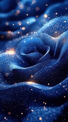Poster - intricate blue rose adorned with sparkling particles on a dark fabric backdrop creating a magical am