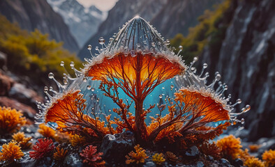 Poster - A tree with a blue stem and orange leaves. The leaves are covered in water droplets. The tree is surrounded by rocks and flowers