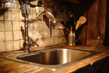 Poster - A kitchen sink sits under a faucet next to a counter