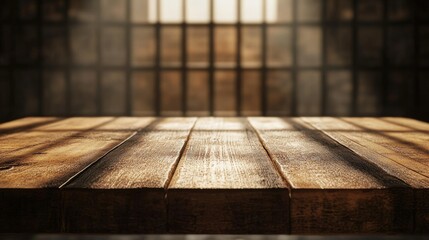 Rustic wooden tabletop in focus, blurred jail cell with shadows from bars visible in the background