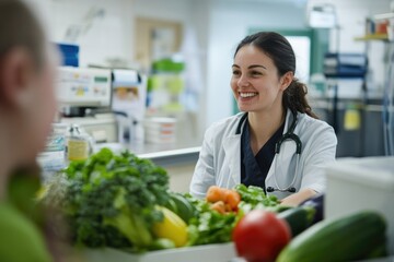 Poster - A woman sits at a table filled with various vegetables, perfect for a kitchen or food-related scene
