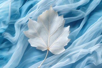 Aufkleber - A single white leaf lying on a blue fabric, ideal for still life photography or textile design