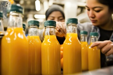 Poster - A woman fills an orange juice bottle with fresh OJ