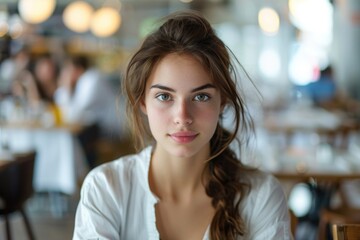 Poster - A woman sits at a table in a casual restaurant setting