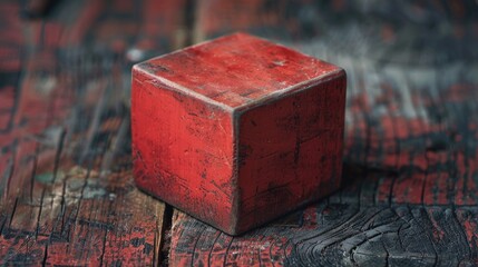 Poster - A red block sits atop a wooden table, offering a simple yet striking composition