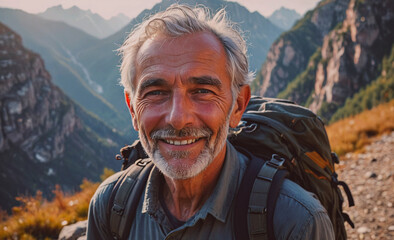 Aufkleber - A man with a backpack is smiling and looking at the camera. He is wearing a green shirt and a gray jacket