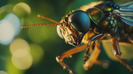 Poster - A close-up shot of a fly sitting on a plant, focusing on the details of its body and the surrounding foliage