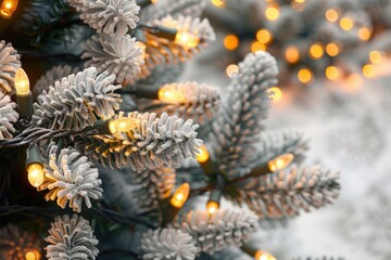 Poster - A detailed view of a Christmas tree decorated with lights and ornaments, suitable for winter holiday themes or festive designs