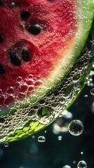 Canvas Print - Close-up of fresh watermelon slice with bubbles underwater, vibrant texture, dark background, refreshing and dynamic composition