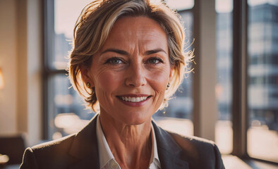 Poster - A woman in a business suit is smiling and looking directly at the camera. She is confident and happy