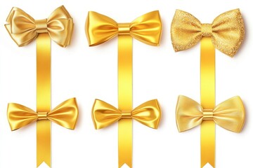 Wall Mural - A collection of four golden bow ties arranged neatly on a white background, ideal for use in fashion, accessories or design related contexts