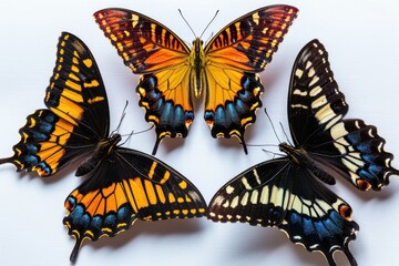 Poster - A group of colorful butterflies perched on a white surface, great for illustrations, designs and more