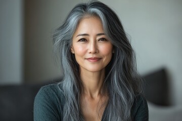 Canvas Print - Beautiful mature asian woman showing gray hair and smiling